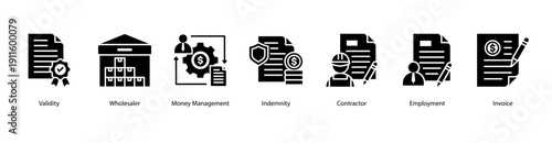 Commercial Agreement web banner featuring Validity, Wholesaler, Money Management, Indemnity, Contractor, Employment, and Invoice for reliable trade and financial operations.