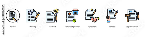 Business Contract web banner featuring Renewal, Planning, Contract, Franchise Agreement, Agreement, Contract, and Legal Document for effective legal and business agreements.