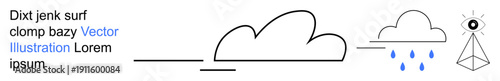 Weather, cloud storage, data visualization, surveillance, environmental design, abstract art. Minimalistic cloud emitting rain with a geometric eye symbol. Weather and cloud storage concept