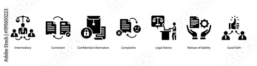Legal Protection web banner featuring Intermediary, Correction, Confidential Information, Complaints, Legal Advice, Release of Liability, and Good Faith for secure and ethical legal practices.
