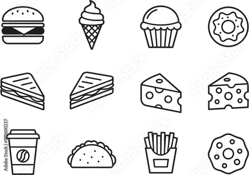 Fast Food and Dessert Outline Icon Set with Burger Cupcake Donut Taco Fries Coffee Vector Illustration