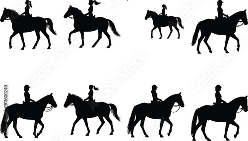 Set of eight silhouettes of women riding horses