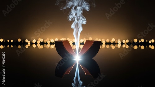 Broken cup with rising smoke and glowing light on dark reflective background