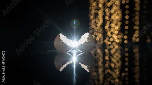 Cracked egg glowing with bright light on dark reflective background