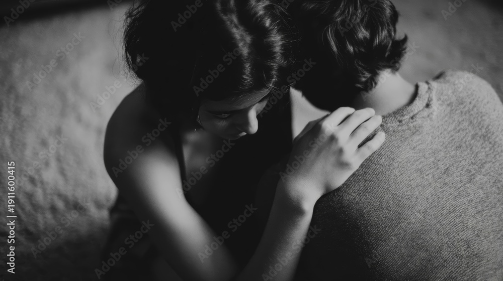 Obraz premium Emotional embrace between two lovers intimate setting black and white photograph warm mood close-up view connection