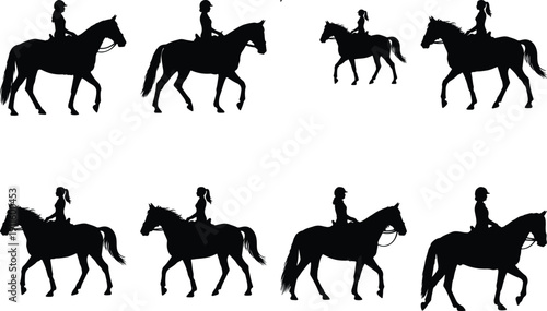 Equestrian silhouettes: women riding horses in various poses