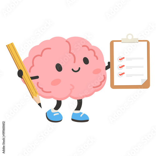 Cute Brain Character Holding Checklist and Pencil