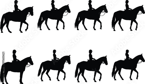 Eight silhouettes of women riding horses in motion