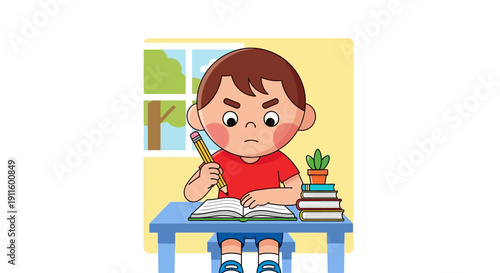 Angry boy studying at desk, struggling with homework, frustrated student, school work