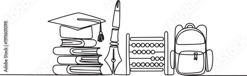 Education continuous one line drawing. Set of books, academic cap, pen, abacus, and study bag.one line icon illustration with white background