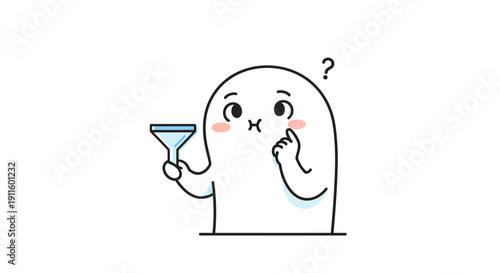 Confused Ghost Holding Funnel, Question Mark, Thinking, Uncertainty, Funny Character