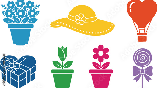 Flower icon set with colorful illustrations and sweet treats