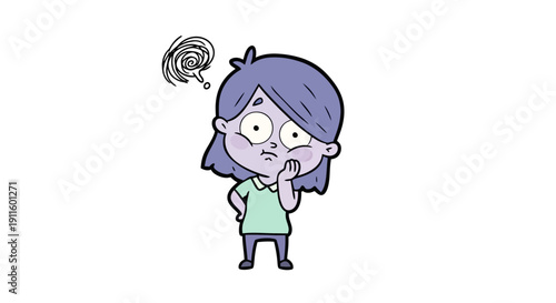 Confused girl with swirling thoughts above head, looking worried and uncertain