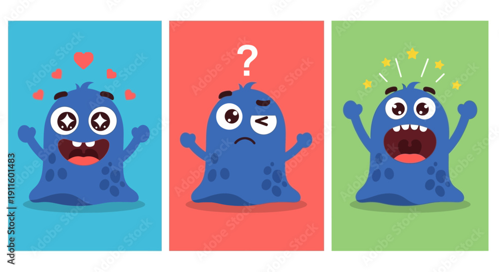 Fototapeta premium Cute Blue Monster Expressing Emotions: Love, Confusion, and Excitement