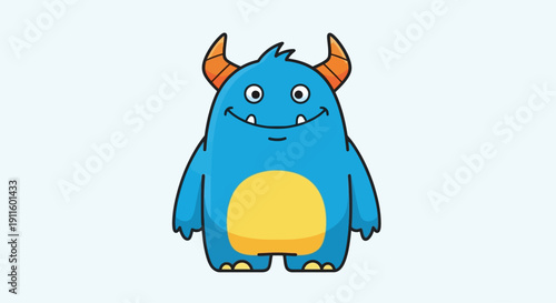 Cute Blue Monster Cartoon Character with Horns and Yellow Belly