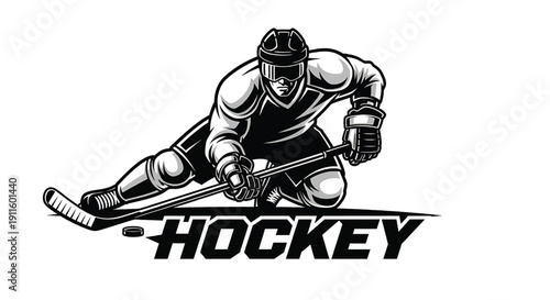 Hockey player monochrome graphic with stick handling puck, dynamic movement illustration, black and white artwork, hockey sport symbol featuring logo, emblem, athlete with competition and team