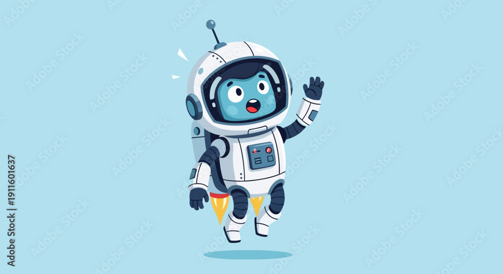 Fototapeta premium Cute Blue Robot Astronaut Waving Hello, Flying in Space with Jetpack