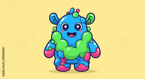 Cute Blue Monster with Green Slime and Pink Spots, Cartoon Character