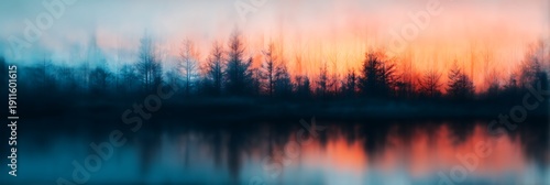 A tranquil sunset casts vibrant colors over a serene lake, reflecting silhouettes of trees against a misty backdrop.