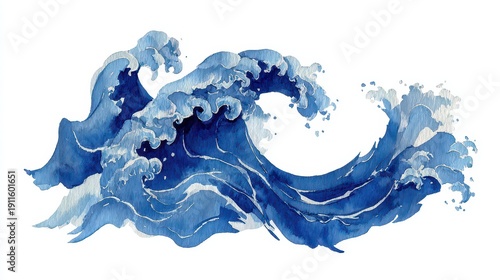 Japanese Style Illustration of Rushing Blue Waves on White Background