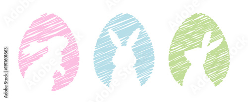 Pastel diagonal scribble Easter egg collection.
Hand drawn scribble Easter egg with bunny pattern vector set.
Cute doodle style Easter egg and bunny sketch illustration.
Transparent background. SVG.
