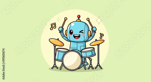Cute Blue Robot Playing Drums with Drumsticks, Winking and Happy, Music Notes