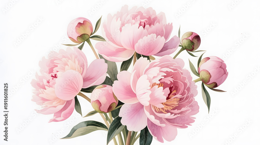 Fototapeta premium Ultra-detailed pink peony watercolor illustration with realistic botanical accuracy.