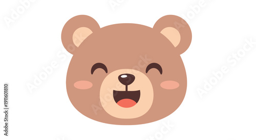 Cute cartoon bear face, happy expression, smiling, cheerful, kawaii style, vector illustration
