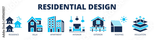 Residential Design web banner icon vector illustration concept with icons of residence, villa, apartment, interior, exterior, roofing, and insulation.