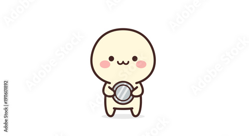 Cute cartoon character holding a mirror, blushing with joy, simple illustration