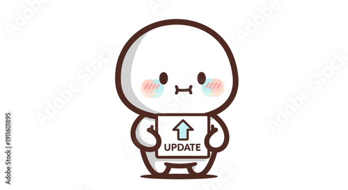 Cute Cartoon Character Holding Update Sign with Up Arrow, Concept of New Version or Refresh