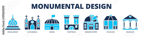 Monumental Design web banner icon vector illustration concept with icons of monument, cathedral, dome, fortress, observatory, pavilion, and museum.