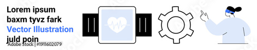 Smartwatch with heart monitor, gear symbolizing settings or technology, and user gesture suggesting interaction. Ideal for healthcare, fitness, technology, innovation, interface, lifestyle simple