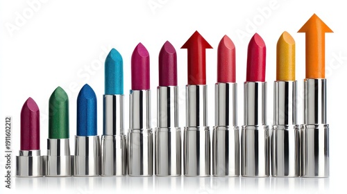 Rising Lipstick Sales Colorful Glitter Lipsticks with Upward Arrows on White Background