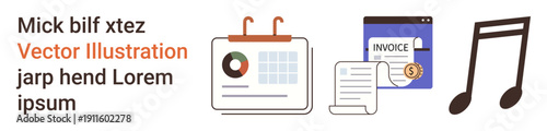 Business tools, productivity apps, financial management, invoice tracking, digital organization, creative work. Visuals of a calendar, invoice document and a music note. Business tools