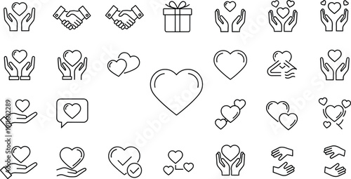 Love and charity icon set, heart care symbols collection, donation support line art, compassion gestures, isolated vector style