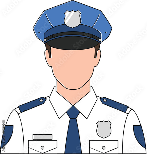 Faceless police officer avatar illustration, law enforcement uniform icon, professional security personnel symbol, authority figure line art, isolated background