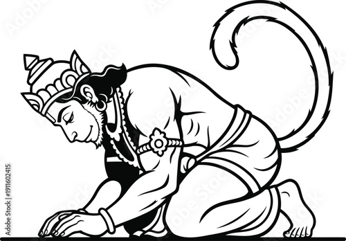 Lord Hanuman Bowing in Devotion Line Art Vector Illustration from Ramayana Epic
