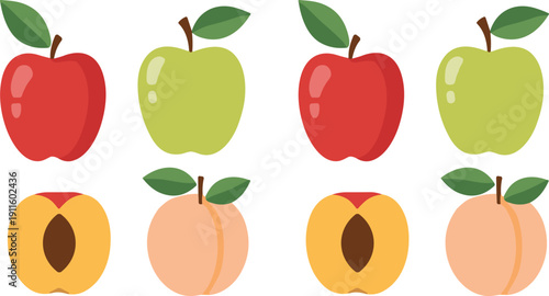 Colorful apple and peach fruit vector set with fresh flat illustrations in simple modern cartoon style pattern