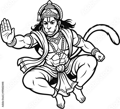 Lord Hanuman Dynamic Blessing Pose Line Art Vector Illustration from Ramayana Epic
