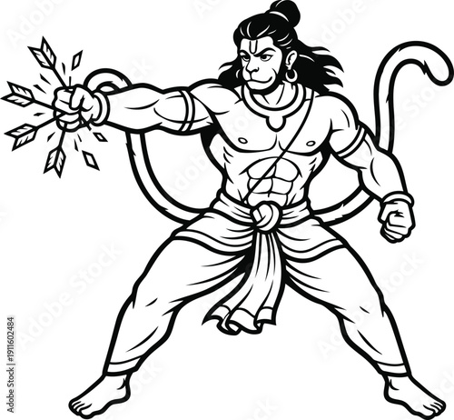 Lord Hanuman Breaking Arrow with Power Line Art Vector Illustration from Ramayana Epic