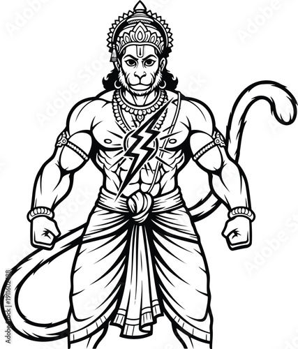 Lord Hanuman Thunder Power Form Line Art Vector Illustration from Ramayana Epic