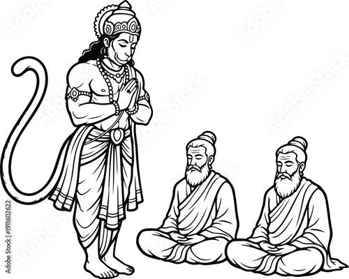 Lord Hanuman Performing Guru Puja Line Art Vector Illustration Representing Hindu Devotion and Respect