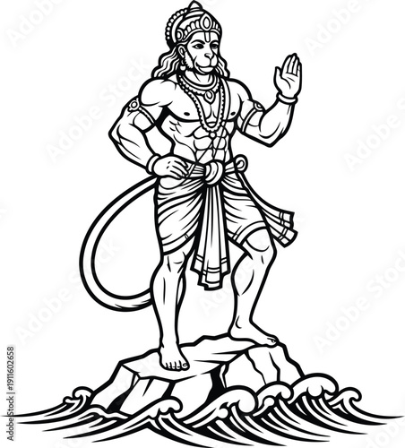 Lord Hanuman Standing on Rock Over Ocean Line Art Vector Illustration from Ramayana Epic