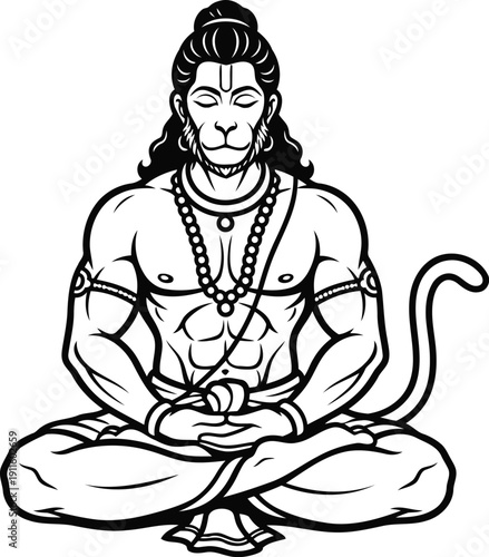 Lord Hanuman Meditating Line Art Vector Illustration Representing Hindu Spiritual Devotion and Strength