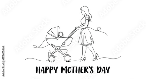 Mother pushing baby stroller on Mother's Day, simple line art illustration