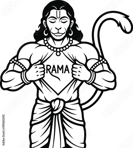 Lord Hanuman Revealing Rama Name in Heart Line Art Vector Illustration Representing Hindu Devotion