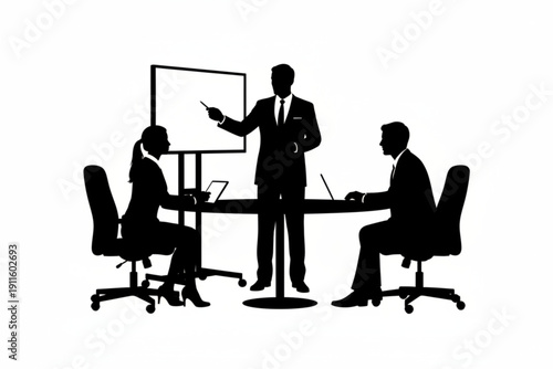 Silhouette of a Professional Presentation: A concise silhouette of business professionals engaging in a presentation, with one individual leading the discourse while others observe and participate.