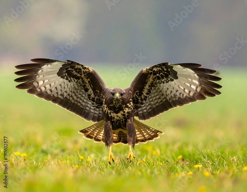 A bird spreads its wings in a green field with yellow flowers
