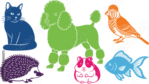 Animals vector icons featuring cat, poodle, bird, hedgehog, hamster, and fish